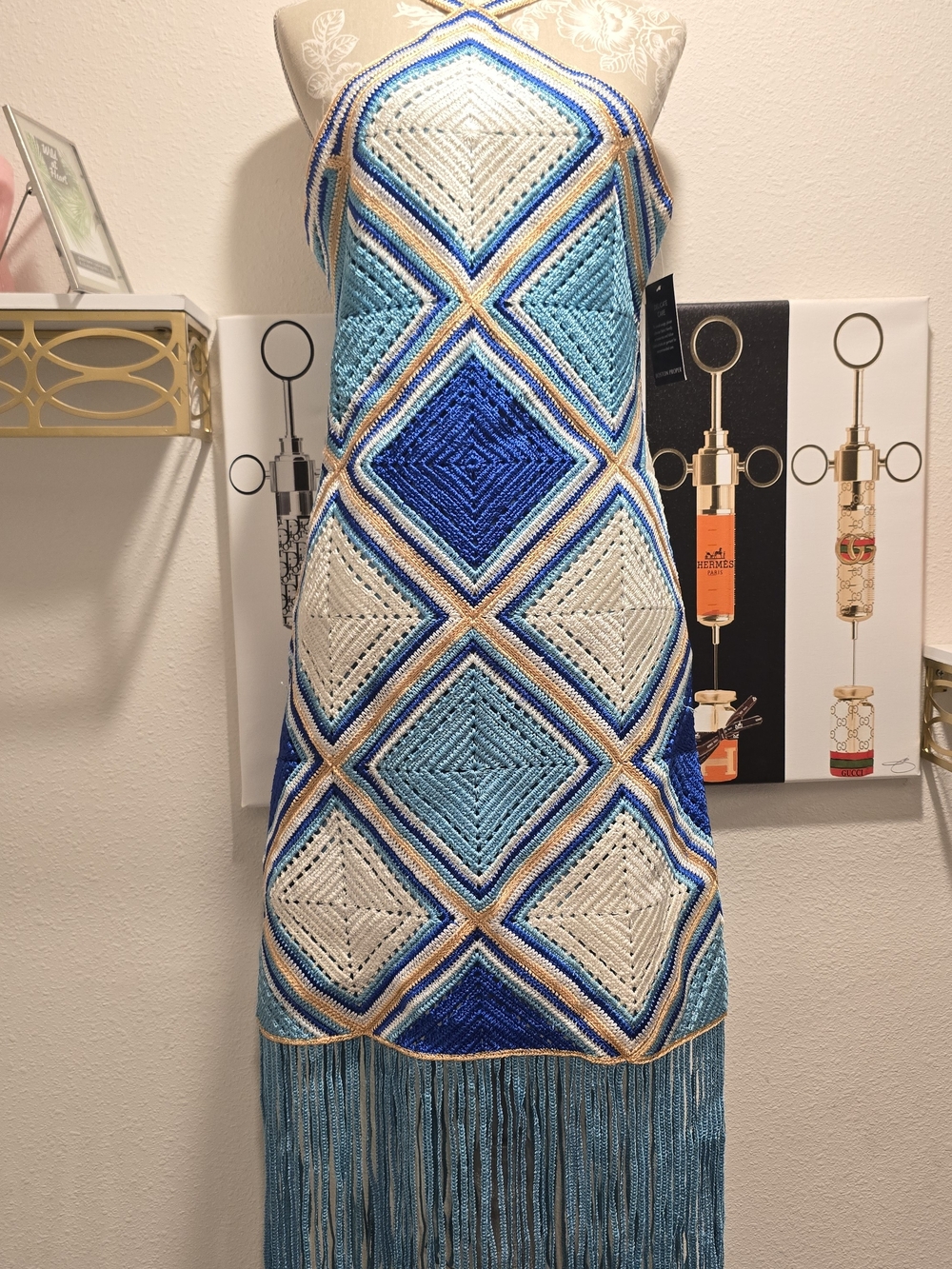 Boston Proper Midi Blue & Cream Crochet Dress with Fringe